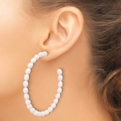 Sterling Silver Rhodium-plated 5-6mm White Rice Cultured Pearl C-Hoop Earrings