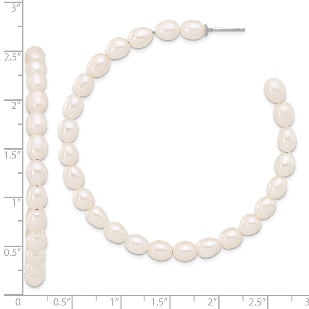 Sterling Silver Rhodium-plated 5-6mm White Rice Cultured Pearl C-Hoop Earrings
