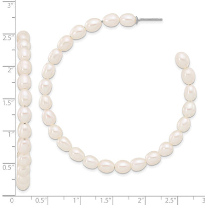 Sterling Silver Rhodium-plated 5-6mm White Rice Cultured Pearl C-Hoop Earrings