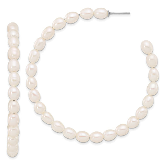 Sterling Silver Rhodium-plated 5-6mm White Rice Cultured Pearl C-Hoop Earrings