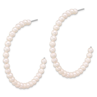 Sterling Silver Rhodium-plated 4-5mm White Semi-Round Cultured Pearl C-Hoop Earrings