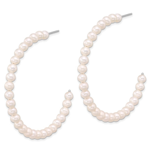 Sterling Silver Rhodium-plated 4-5mm White Semi-Round Cultured Pearl C-Hoop Earrings