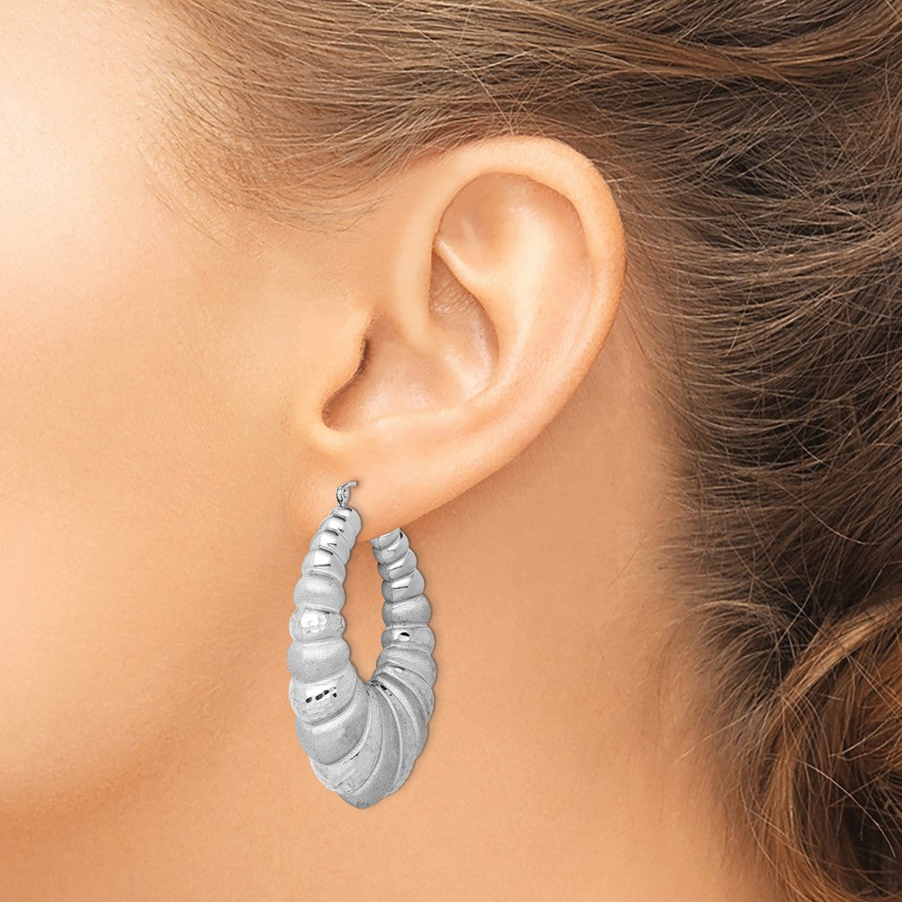 925 Sterling Silver Rhodium-plated Satin & Diamond-Cut Shrimp Oval Hoop Earrings