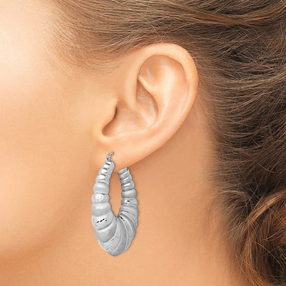925 Sterling Silver Rhodium-plated Satin & Diamond-Cut Shrimp Oval Hoop Earrings