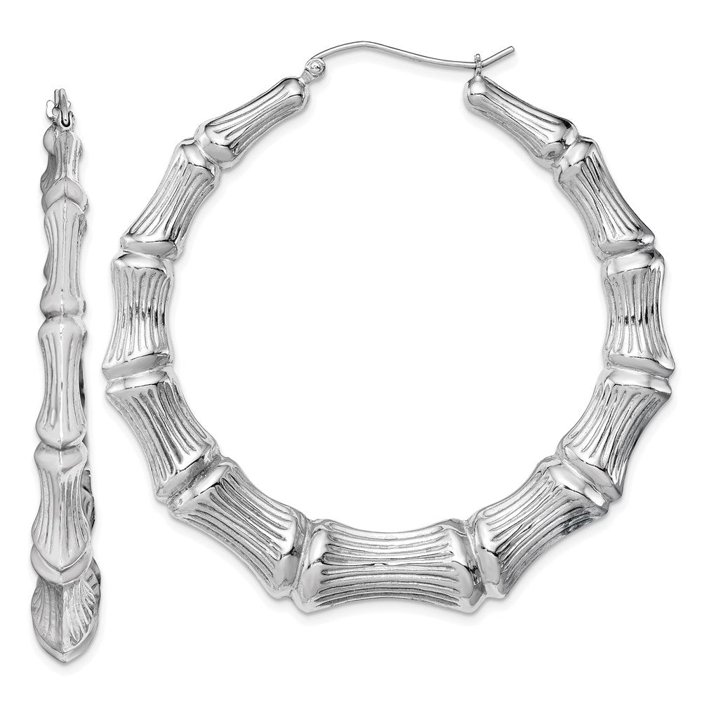 925 Sterling Silver Rhodium-plated Bamboo Round Hoop Earrings