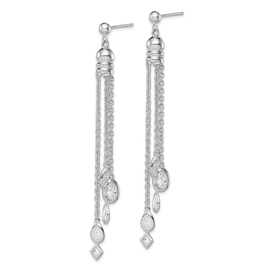 Sterling Silver RH-plated Polished CZ & Multi-Chain Dangle Earrings
