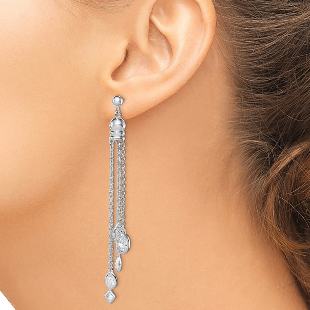 Sterling Silver RH-plated Polished CZ & Multi-Chain Dangle Earrings