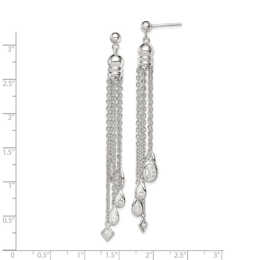 Sterling Silver RH-plated Polished CZ & Multi-Chain Dangle Earrings