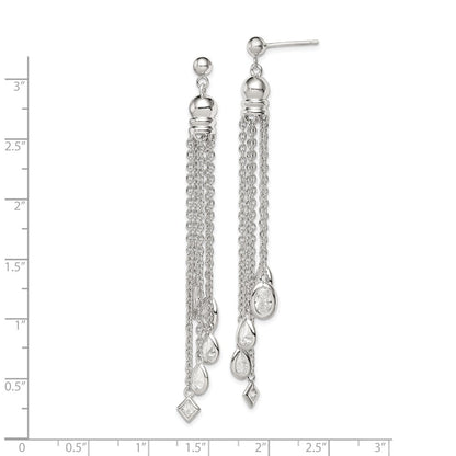 Sterling Silver RH-plated Polished CZ & Multi-Chain Dangle Earrings