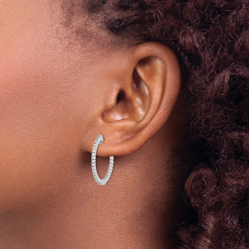 Sterling Silver Rhodium-plated 1.3mm CZ In and Out Hinged Hoop Earrings