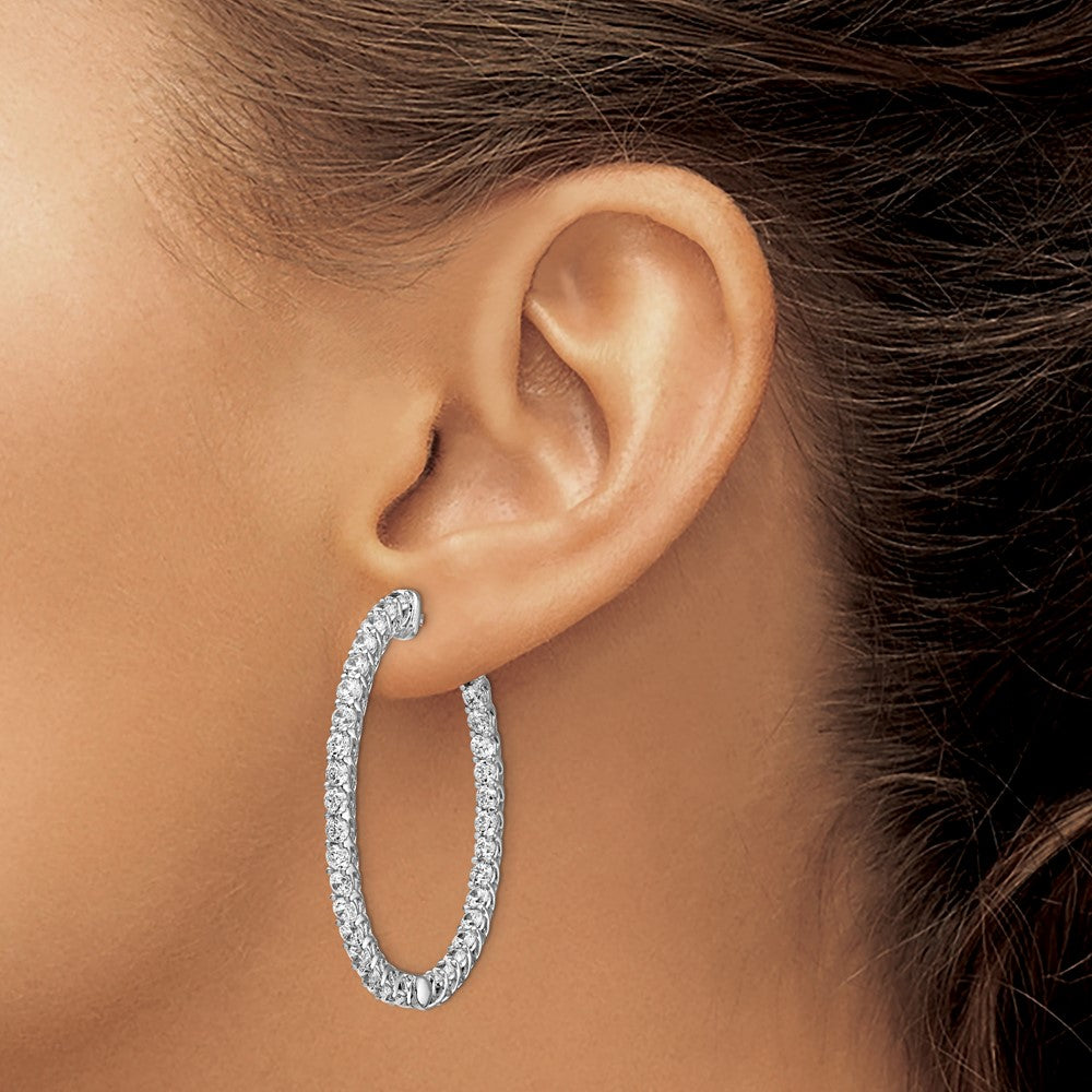 Sterling Silver Rhodium-plated 2.3mm CZ In and Out Oval Hinged Hoop Earrings