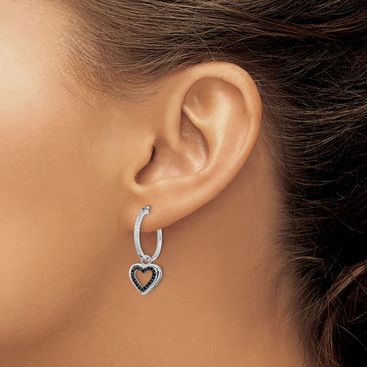 Sterling Silver Rhodium-plated Black and White Diamond with Dangle Heart Hoop Earring