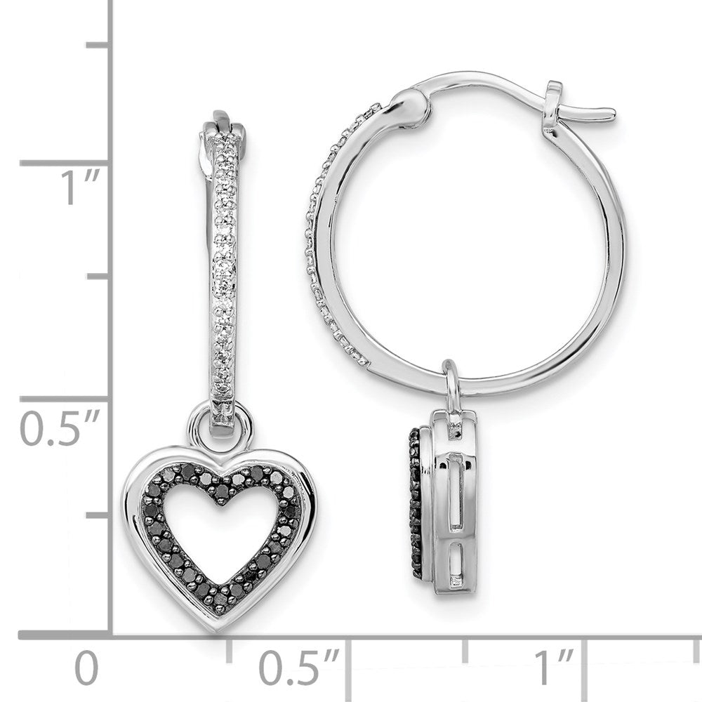 Sterling Silver Rhodium-plated Black and White Diamond with Dangle Heart Hoop Earring