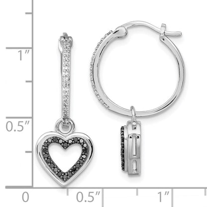 Sterling Silver Rhodium-plated Black and White Diamond with Dangle Heart Hoop Earring