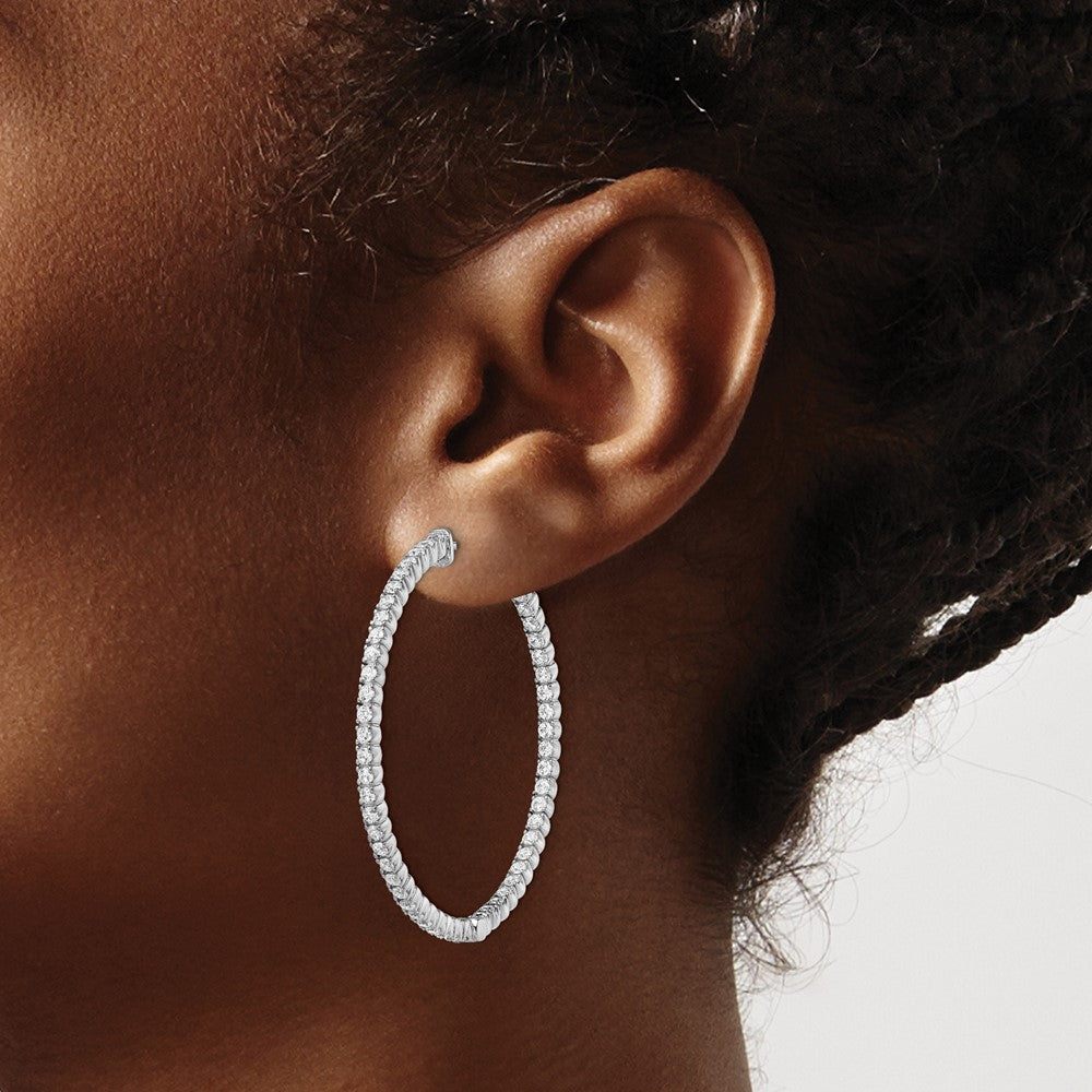 925 Sterling Silver Rhodium-plated 1.75mm CZ In and Out Hinged Hoop Earrings