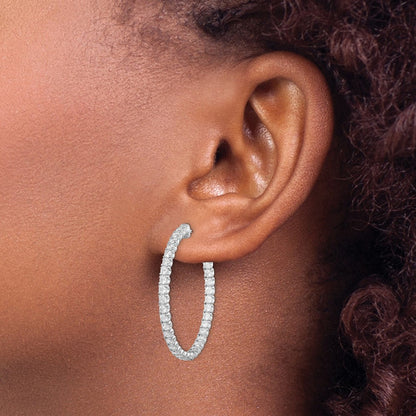 925 Sterling Silver Rhodium-plated 2.1mm CZ In and Out Hinged Hoop Earrings