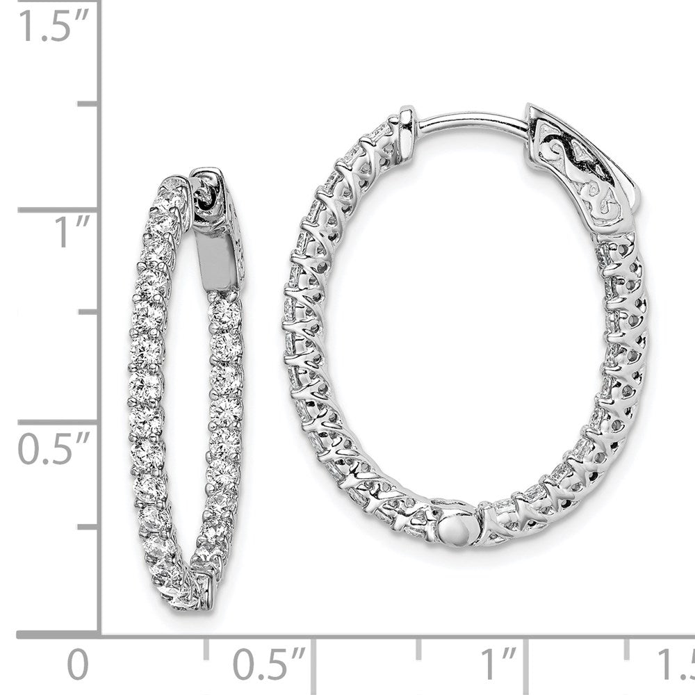 Sterling Silver Rhodium-plated 2mm CZ In and Out Oval Hinged Hoop Earrings
