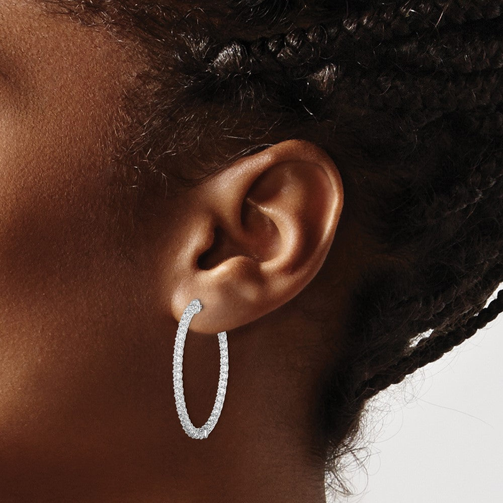 925 Sterling Silver Rhodium-plated 2mm CZ In and Out Oval Hinged Hoop Earrings