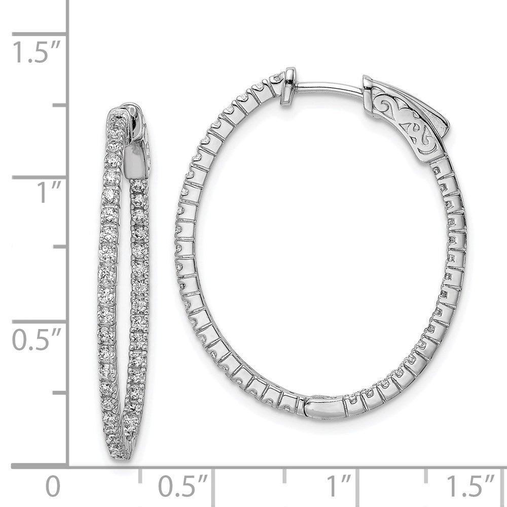 Sterling Silver Rhodium-plated 1.3mm CZ In and Out Oval Hinged Hoop Earrings