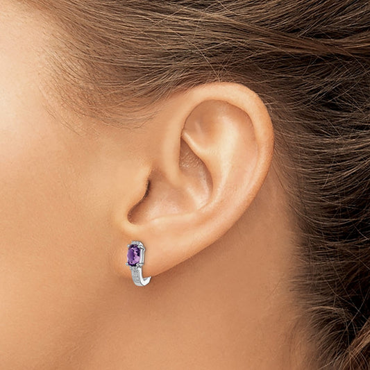 Sterling Silver RH Plated Diamond and Amethyst Hinged Hoop Earrings