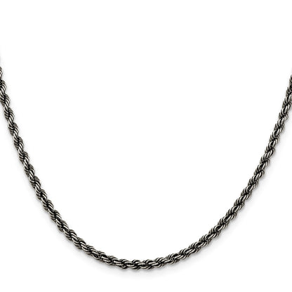 Sterling Silver Ruthenium-plated 3.4mm Rope Chain Necklace