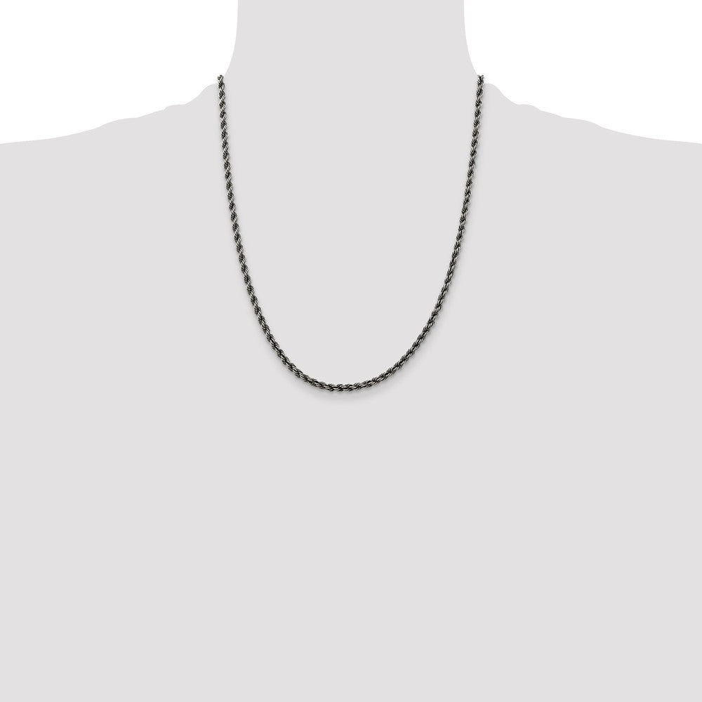 Sterling Silver Ruthenium-plated 3.4mm Rope Chain Necklace