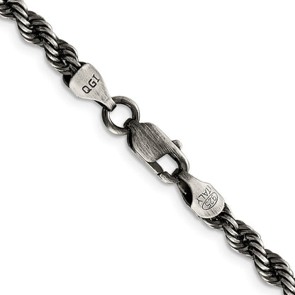 Sterling Silver Ruthenium-plated 4.5mm Rope Chain Necklace
