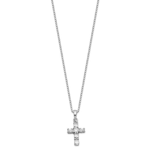 Sterling Silver Cubic Zirconia Cross Box Chain Necklace 16"