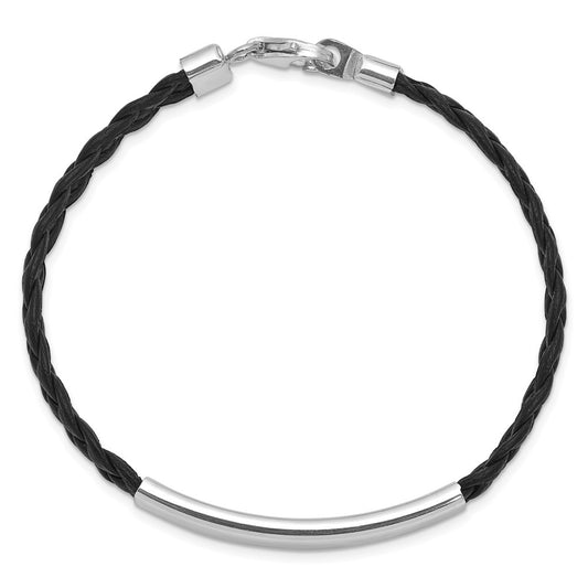 925 Sterling Silver 5mm Rhodium-plated Black Braided Leather Bracelet 7 inch