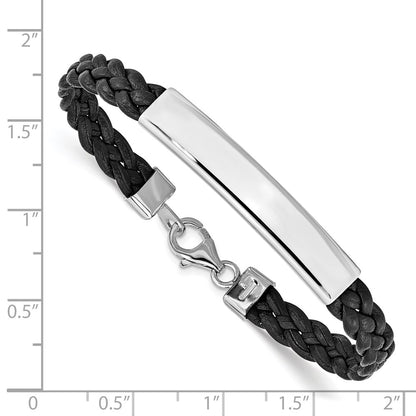 925 Sterling Silver 5mm Rhodium-plated Black Braided Leather Bracelet 7 inch