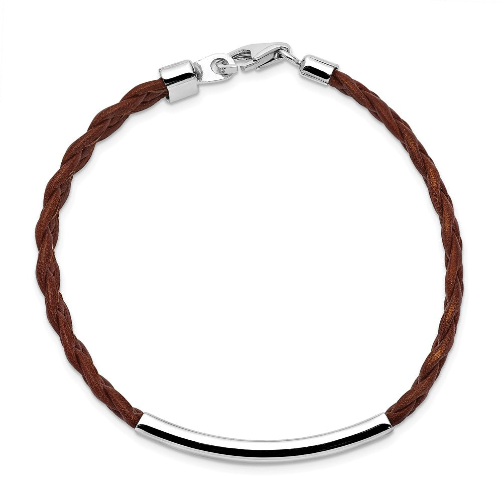 925 Sterling Silver 5mm Rhodium-plated Brown Braided Leather Bracelet 7 inch
