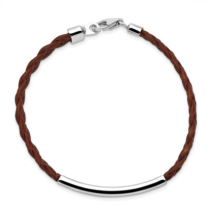 925 Sterling Silver 5mm Rhodium-plated Brown Braided Leather Bracelet 7 inch