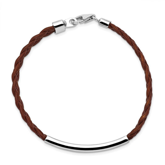 925 Sterling Silver 5mm Rhodium-plated Brown Braided Leather Bracelet 7 inch