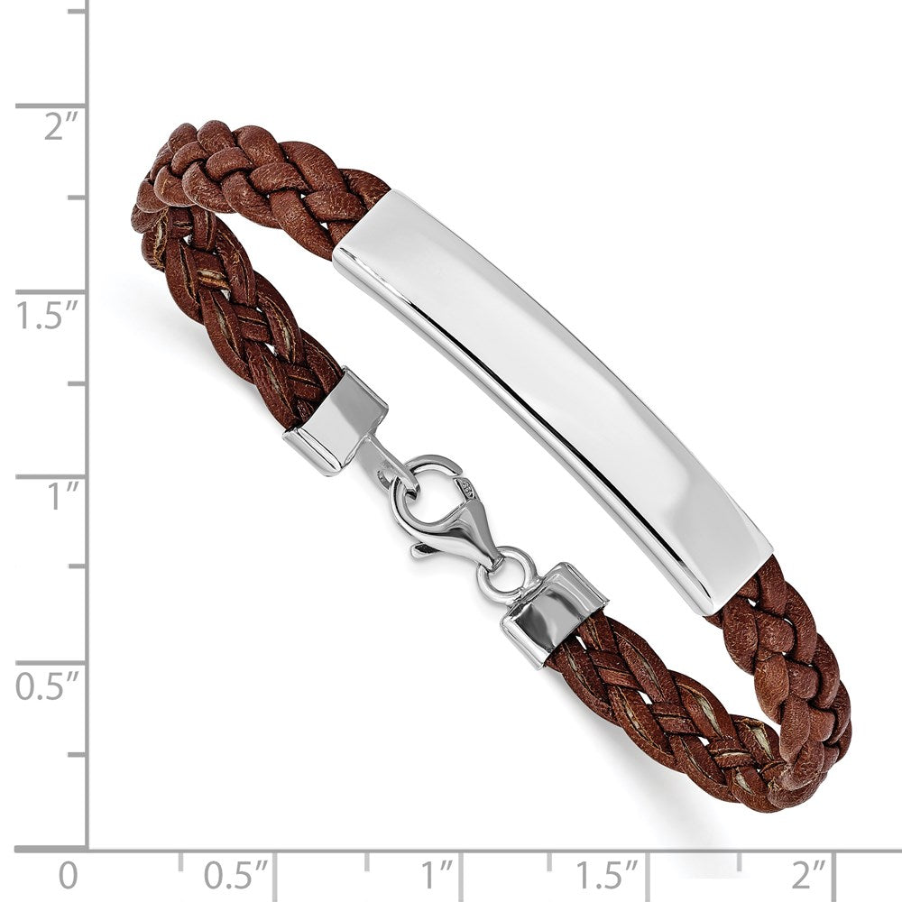 925 Sterling Silver 5mm Rhodium-plated Brown Braided Leather Bracelet 7 inch