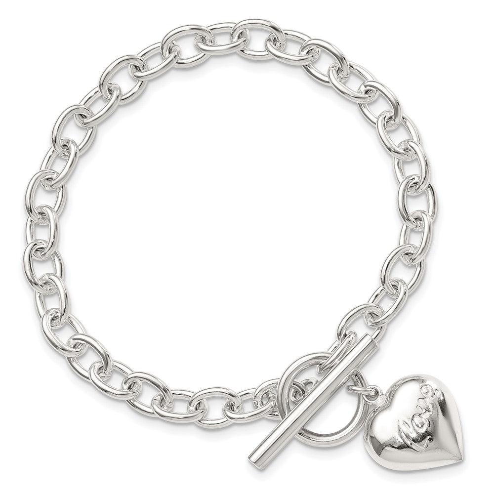 925 Sterling Silver 15mm LOVE Puffed Heart Charm Bracelet 7.5 inch