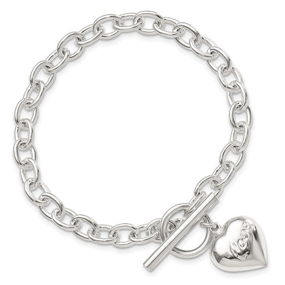 925 Sterling Silver 15mm LOVE Puffed Heart Charm Bracelet 7.5 inch