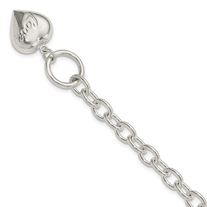 925 Sterling Silver 15mm LOVE Puffed Heart Charm Bracelet 7.5 inch