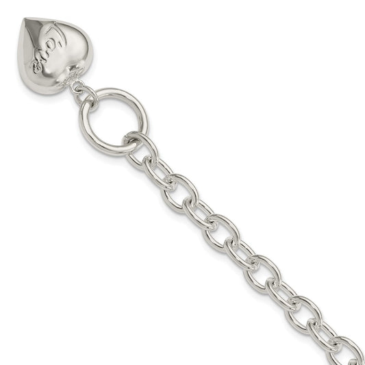 925 Sterling Silver 15mm LOVE Puffed Heart Charm Bracelet 7.5 inch