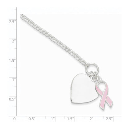 925 Sterling Silver 20mm Fancy Engraveable Heart with Pink Ribbon Bracelet 7.5 inch