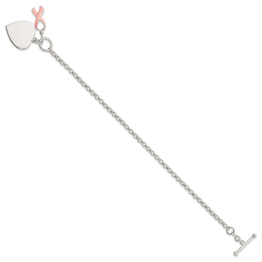 925 Sterling Silver 20mm Fancy Engraveable Heart with Pink Ribbon Bracelet 7.5 inch