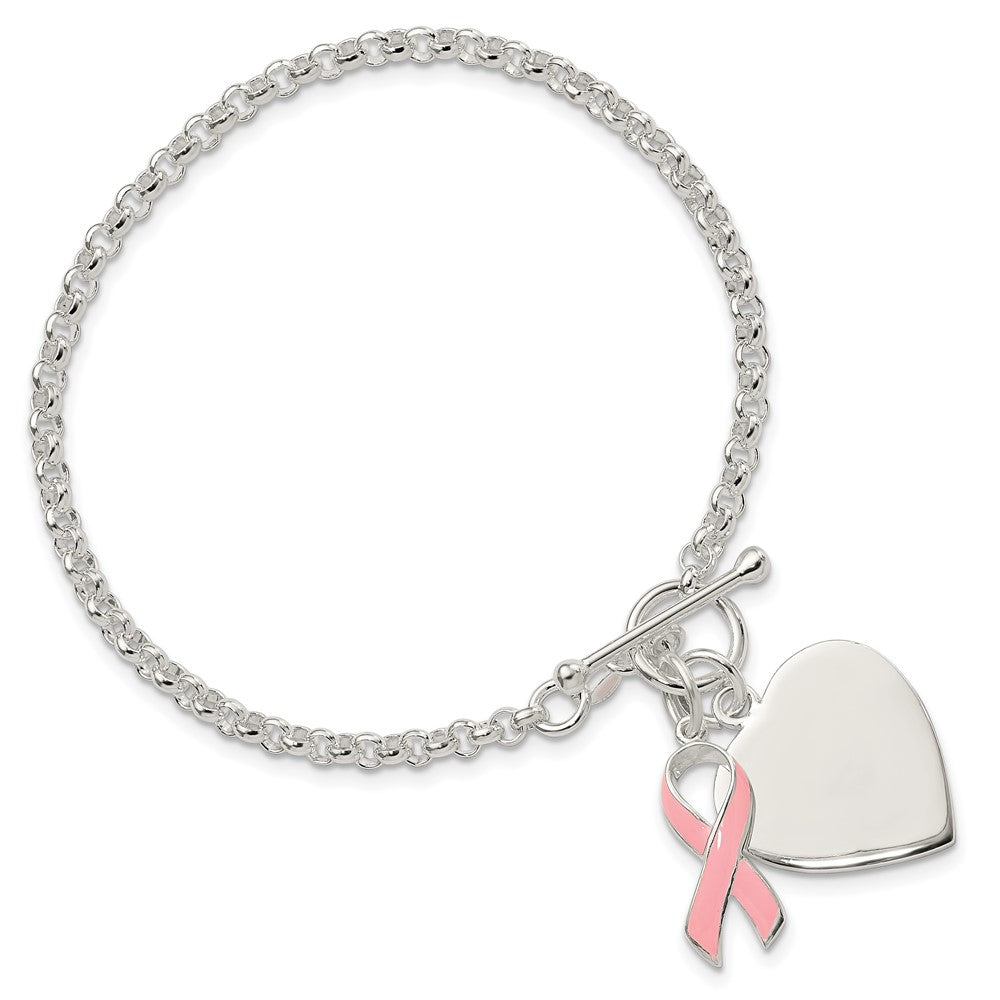 925 Sterling Silver 20mm Fancy Engraveable Heart with Pink Ribbon Bracelet 7.5 inch