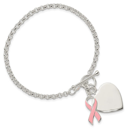 925 Sterling Silver 20mm Fancy Engraveable Heart with Pink Ribbon Bracelet 7.5 inch