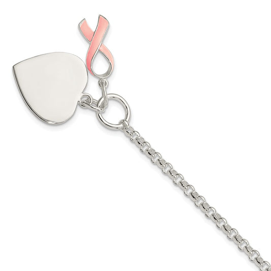925 Sterling Silver 20mm Fancy Engraveable Heart with Pink Ribbon Bracelet 7.5 inch