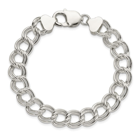 925 Sterling Silver 10.5mm Semi-Solid Double Link Charm Bracelet