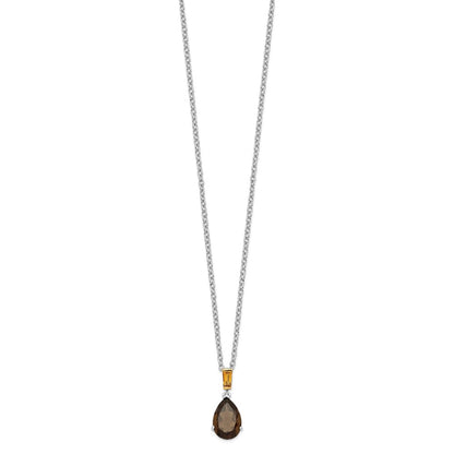Sterling Silver 14K Gold Accent Smoky Quartz and Citrine Necklace 20"