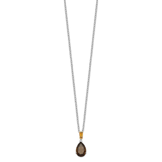 Sterling Silver 14K Gold Accent Smoky Quartz and Citrine Necklace 20"
