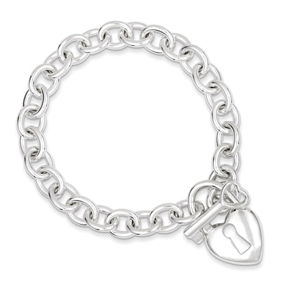 925 Sterling Silver 9mm Polished Heart and Key Bracelet 7.5 inch