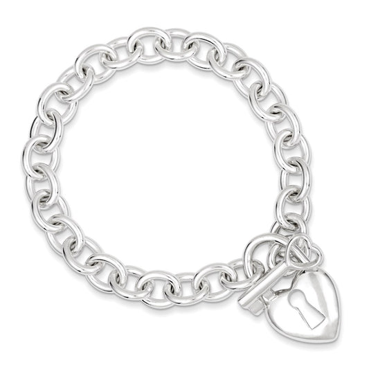 925 Sterling Silver 9mm Polished Heart and Key Bracelet 7.5 inch