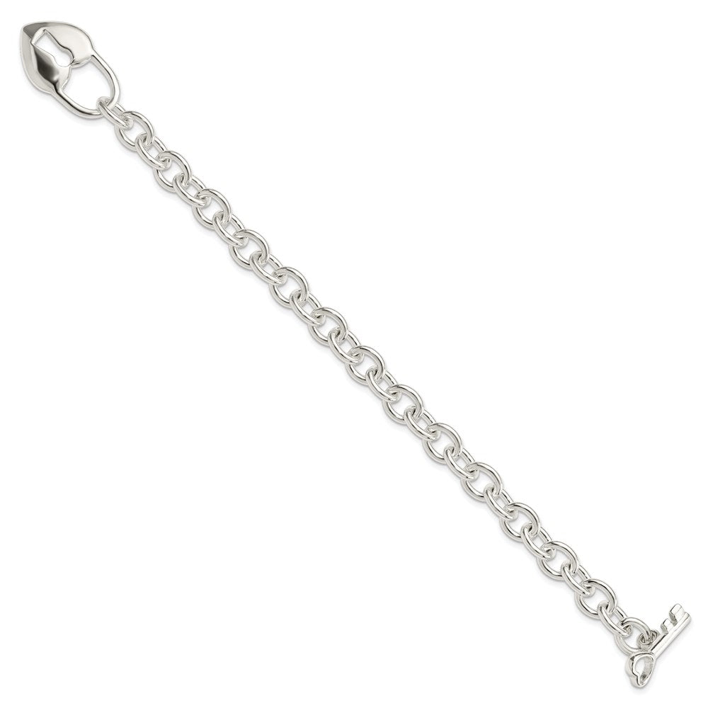 925 Sterling Silver 9mm Polished Heart and Key Bracelet 7.5 inch