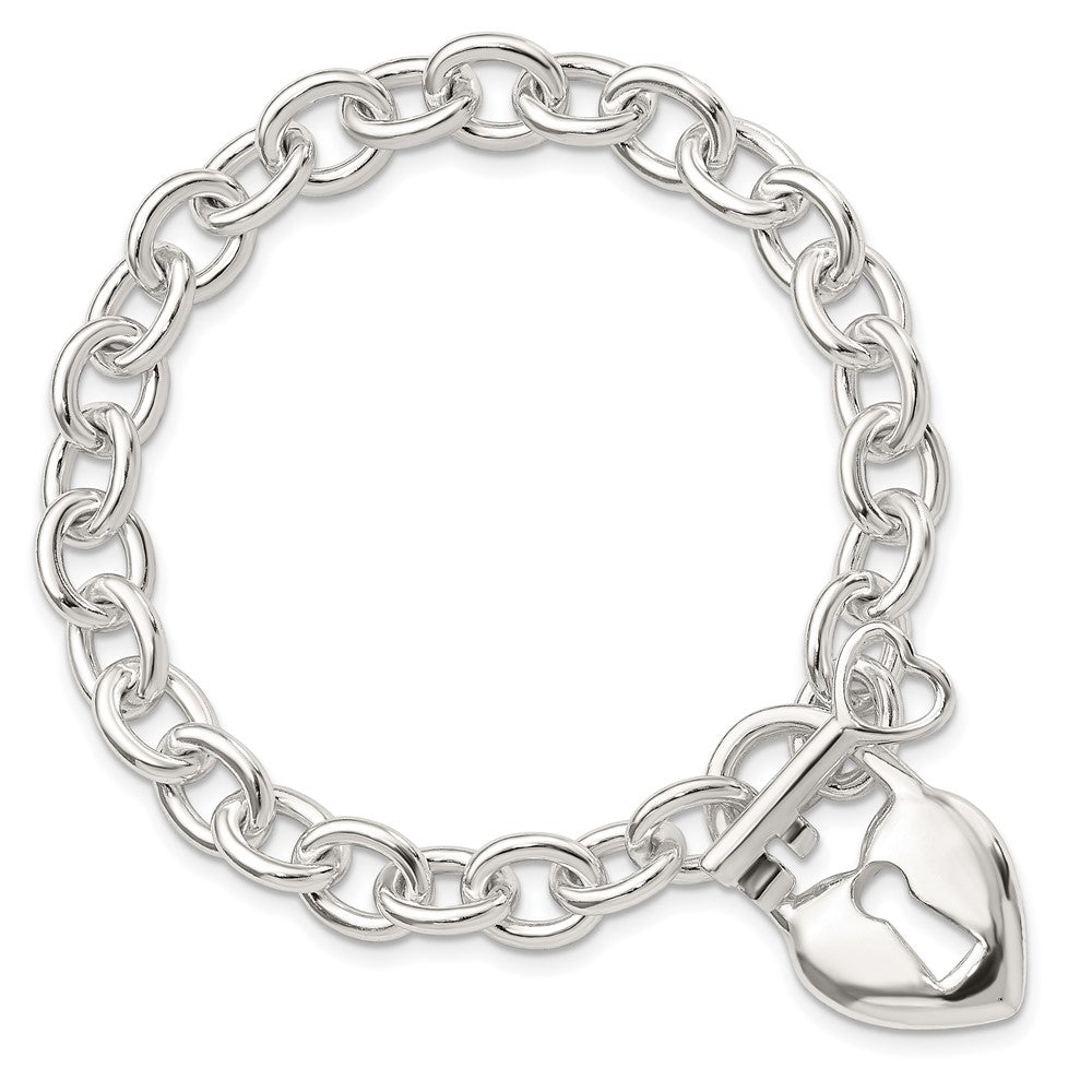 925 Sterling Silver 9mm Polished Heart and Key Bracelet 7.5 inch